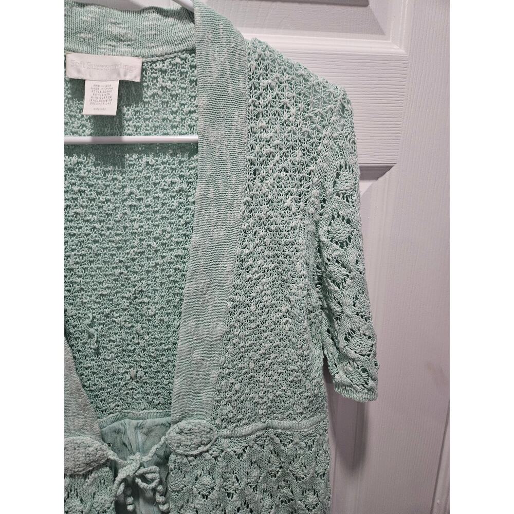 Soft Surroundings Pastel Green Teal Short Sleeve Cardigan Sweater Size M Crochet - Picture 5 of 12